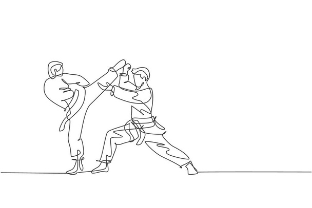 Dibujo de una sola línea de dos jóvenes karateka deportistas en uniforme de lucha con cinturón ejerciendo el arte marcial en la ilustración de vectores de gimnasio. Concepto de estilo de vida deportivo saludable. Diseño moderno de dibujo de línea continua - Vector, imagen