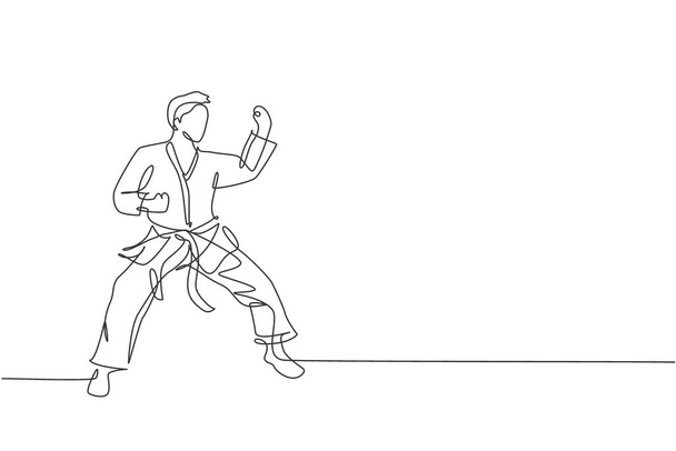 道場体育館での決闘のための若い才能カラテカ男の列車ポーズの1つの連続線画。武道スポーツの概念を習得。ダイナミックシングルラインドローデザインベクトルイラスト - ベクター画像