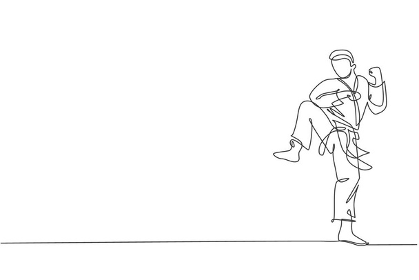 Jedna čára kreslení mladého sportovního karateka muže v bojové uniformě s pásem cvičení bojové umění v tělocvičně vektorové ilustrace. Zdravý sportovní životní styl koncept. Moderní návrh kontinuálního kreslení - Vektor, obrázek