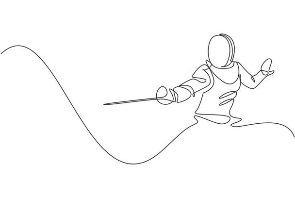 Jednoduchá souvislá kresba mladé profesionální šermířky v šermířské masce a rapíru. Konkurenční bojová sportovní soutěž. Trendy jednořádkové kreslení vektorové ilustrace - Vektor, obrázek