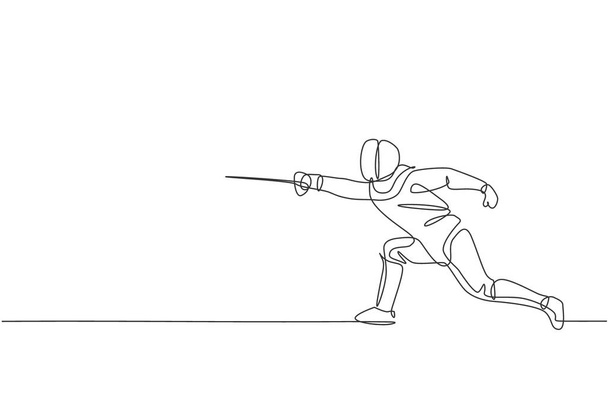 Jednoduchá souvislá čára kreslení mladý profesionální šermíř sportovec muž v oplocení masky a rapír. Konkurenční bojová sportovní soutěž. Grafická vektorová ilustrace výkresu jednoho řádku - Vektor, obrázek