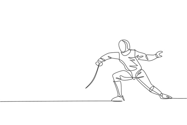 Un seul dessin de ligne de jeune homme athlète escrimeur en costume d'escrime exerçant un mouvement sur l'illustration vectorielle arène sportive. Concept sportif de combat et de combat. Conception moderne de tracé continu - Vecteur, image