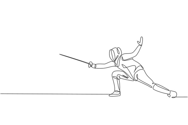Одна сплошная линия рисования молодой женщины-фехтовальщицы практикует боевые действия на профессиональной спортивной арене. Фехтование костюма и владение мечом. Динамическая иллюстрация вектора рисунка одной линии - Вектор,изображение