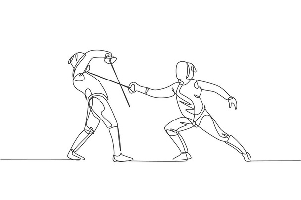 Одна линия рисования двух молодых женщин-фехтовальщиц в поединке по фехтованию на векторной иллюстрации спортивной арены. Концепция боевого и боевого спорта. Современный дизайн сплошной линии - Вектор,изображение