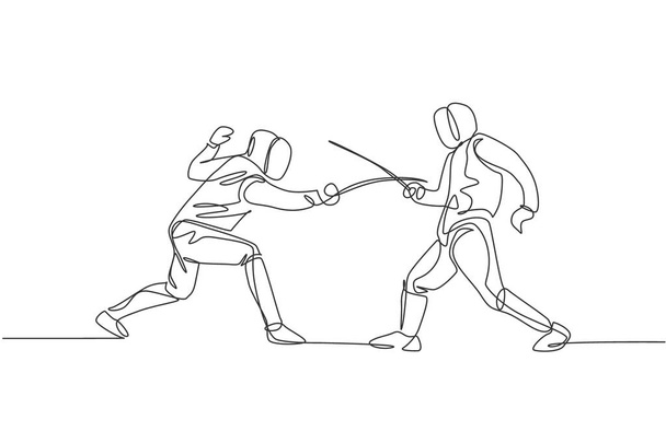 Un disegno linea continua di due uomini scherma atleta pratica di combattimento su arena sportiva professionale. Costume da scherma e concetto di spada. Illustrazione dinamica del vettore di disegno a singola linea - Vettoriali, immagini