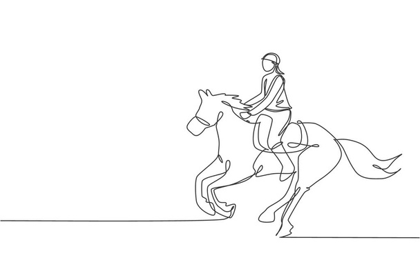Single continuous line drawing of young professional horseback rider running with a horse around the stables. Equestrian sport training process concept. Trendy one line draw design vector illustration - Vector, Image