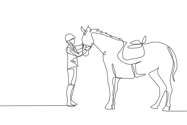 Singolo disegno a linea continua di giovane cavaliere professionista che parla con un cavallo alle scuderie. Concetto di processo di allenamento sportivo equestre. Trendy una linea disegnare disegno vettoriale illustrazione - Vettoriali, immagini