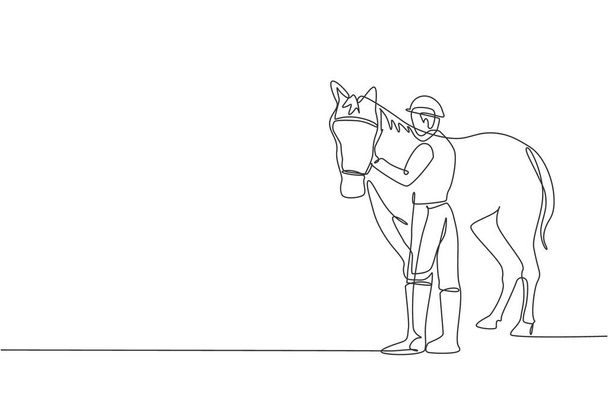若い馬のライダー男摩擦と馬の毛を撫でるの1つの連続線画。ペットの世話をする。馬術競技の概念。ダイナミックシングルラインドローデザインベクトルグラフィックイラスト - ベクター画像