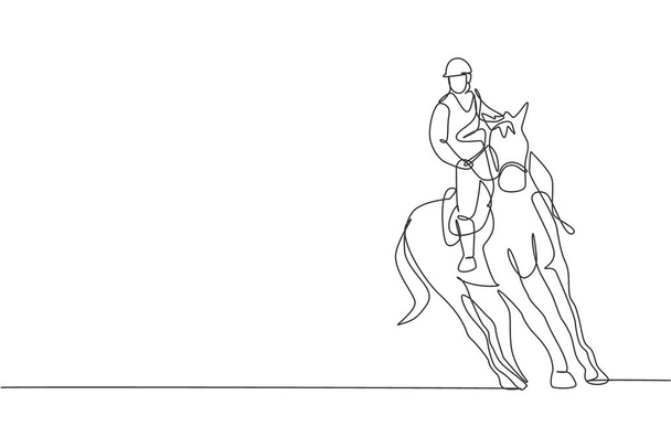 Jeden jednořádkový výkres mladého jezdce na koni provádějícího drezurní test grafického vektorového znázornění. Jezdecký sport show soutěžní koncept. Moderní návrh kontinuálního kreslení - Vektor, obrázek
