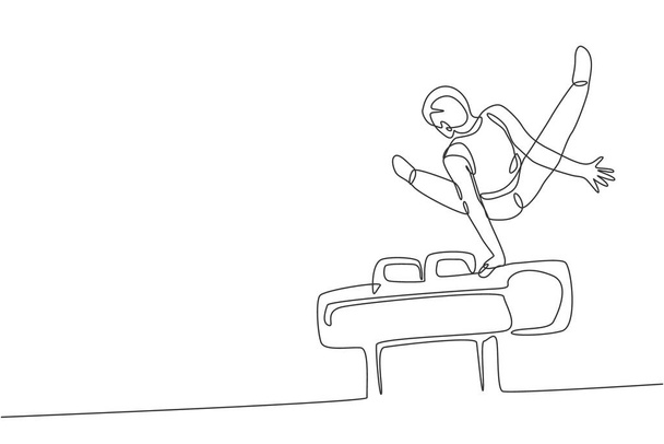 Eine durchgehende Linie zeichnet junge gut aussehende professionelle Turner Mann führen akrobatische Bewegungen. Pauschenpferdetraining und Stretching-Konzept. Trendige eine Linie zeichnen Design Vektor Grafik Illustration - Vektor, Bild