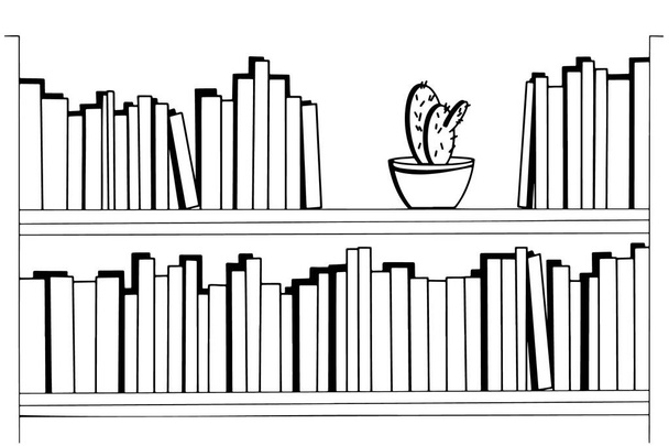 Kokoelma kirjoja kirjahylly ja kaktus kukkaruukussa, vektori tasainen musta ja valkoinen kuva. - Vektori, kuva