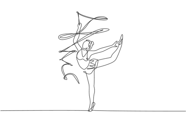 Einzelne kontinuierliche Linienzeichnung der jungen Schönheit professionelle Turnerin Mädchen führen Tanz mit Schleife. Rhythmisches Gymnastiktraining und Dehnkonzept. Trendige eine Linie zeichnen Design-Vektor-Illustration - Vektor, Bild
