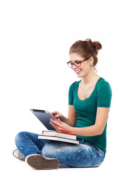 Girl sitting with digital tablet - Fotó, kép