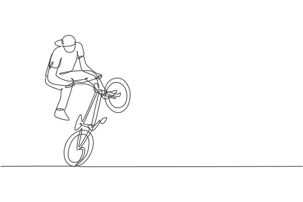 Ciągły rysunek młodego rowerzysty BMX wykonującego niebezpieczną sztuczkę w skateparku. Ekstremalne pojęcie sportu wektor ilustracji. Dynamiczny jednoliniowy projekt losowania plakatu promocyjnego imprezy - Wektor, obraz