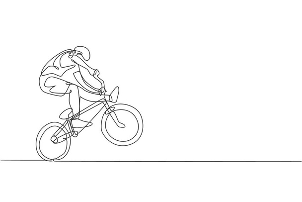 Eine einzige Linienzeichnung eines jungen BMX-Fahrers, der einen Freestyle-Trick auf der Straßenvektorillustration vorführt. Extremsportkonzept. Modernes durchgehendes Linienzugdesign für Freestyle-Wettkampfbanner - Vektor, Bild
