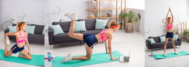 Collage of young blonde sportswoman exercising on fitness mat near laptop, dumbbell and sports bottle at home, banner - Photo, Image
