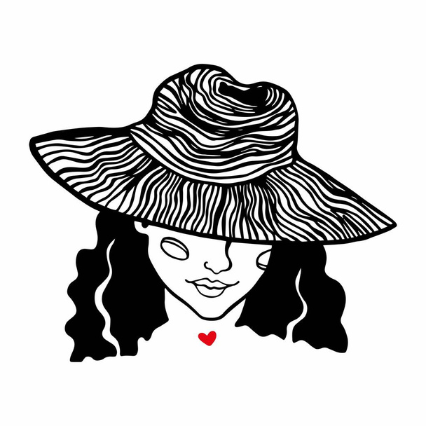 Vektorillustration eines Mädchenporträts mit Hut. Schwarz-weiße Zeichnung eines schönen Mädchengesichts, ein rotes Herz am Hals isoliert auf weißem Hintergrund. - Vektor, Bild