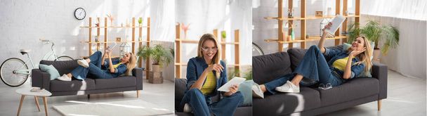 Collage de jeune femme souriante avec la main agitant regardant la tablette numérique, couché sur le canapé et regardant la caméra à la maison, bannière - Photo, image