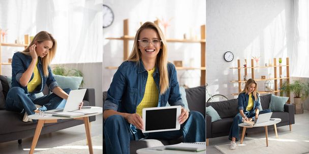 Collage of young blonde woman showing digital tablet and looking at laptop while sitting on couch on blurred background - Photo, image
