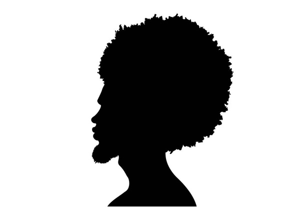 zwart mansportret met afro krullend design, kapperszaak en kapsel. Gezonde sportieve jonge zwarte man silhouet met baard. Vector geïsoleerde avatar van rapper op witte achtergrond - Vector, afbeelding