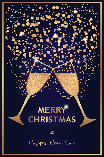 Boldog Karácsonyt vagy Boldog Új Évet üdvözlő kártya sablon arany pezsgős poharak és csillogás a haditengerészeti kék háttér. - Vektor, kép