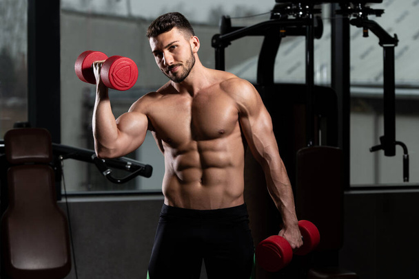 Man Working Out Biceps In A Gym - Dumbbell Concentration Curls - Photo, Image