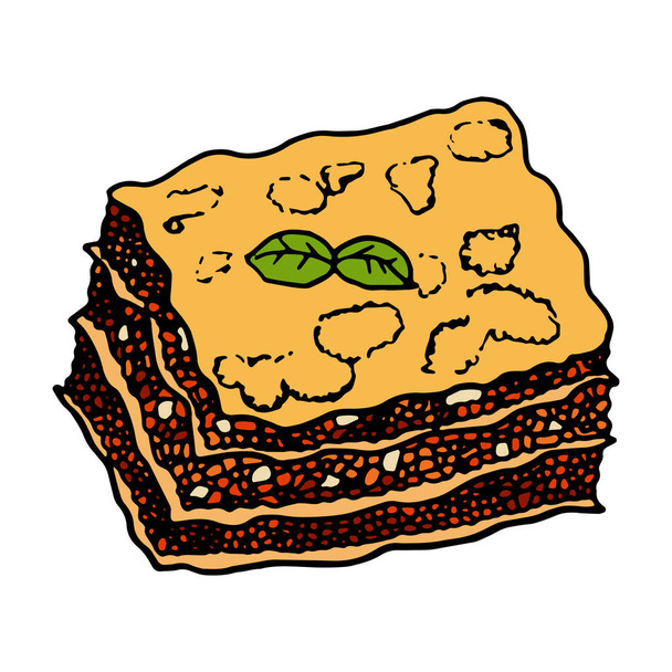 Włoska tradycyjna kuchnia lasagne. Ręcznie rysowany szkic. Wektor kolorowe ilustracji izolowane na białym tle do menu restauracji i projektowania opakowań, plakat, web. - Wektor, obraz