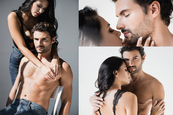 Collage of sexy woman in bra and jeans hugging muscular boyfriend isolated on grey  - Photo, Image