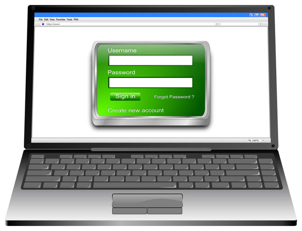 Laptop-Computer mit grünem Login-Bildschirm auf weißem Desktop - 3D-Illustration - Foto, Bild