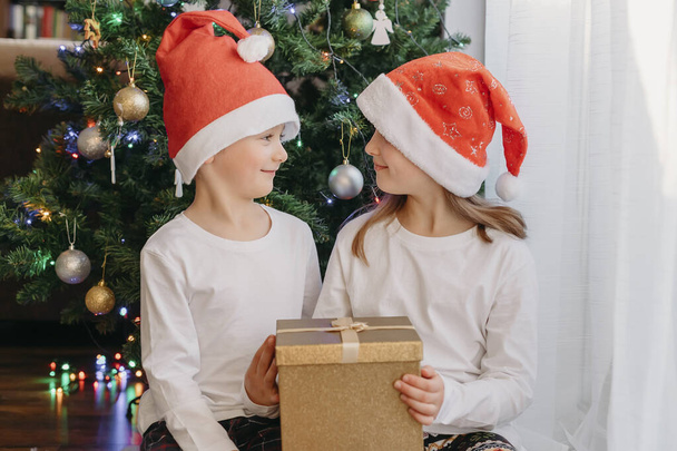 Ein Junge und ein Mädchen mit Weihnachtsmützen sitzen unter einem Weihnachtsbaum, eine Geschenkschachtel in der Hand und schauen einander an. Glückliche Kindheit. Neujahrsferien, Geschenke machen - Foto, Bild