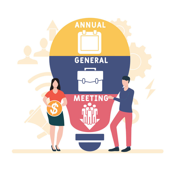 Flat design with people. AGM - Annual General Meeting acronym. business concept background. Vector illustration for website banner, marketing materials, business presentation, online advertising - Vector, Image