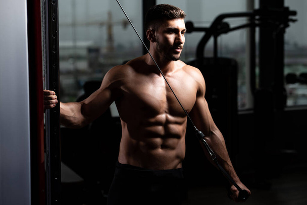 Man in the Gym Exercising on His Triceps on Machine With Cable in the Gym - Photo, image