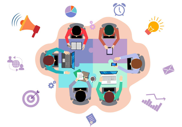 A group of people with devices in hand working together symbolizing networking and communication team collaboration illustration - Vector, Image