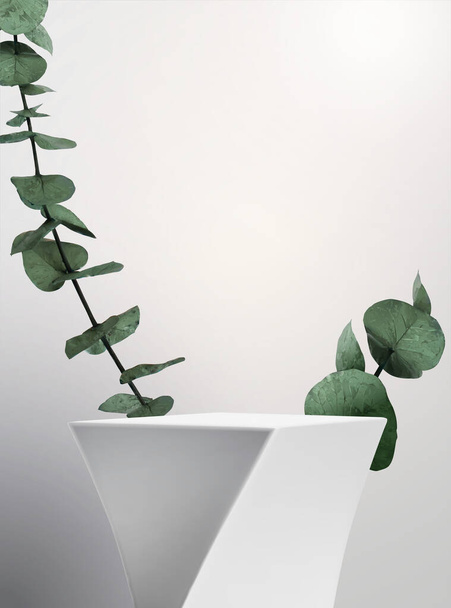 Abstract design stand with a plant on white background in 3d illustration for displaying new products for advertisement - Vettoriali, immagini