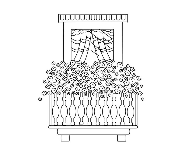 Fenster und Blumen auf dem schwebenden Balkon. Skizze. Vektorillustration. - Vektor, Bild