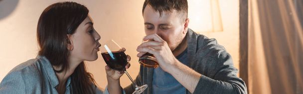 alcohol-addicted husband and wife drinking at home together, banner - Photo, Image