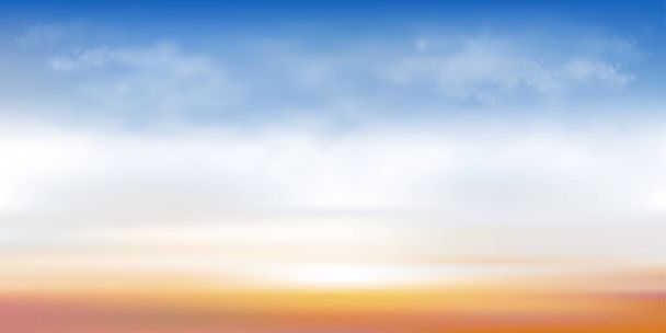 Blauer Himmel mit Wolkenhintergrund, Cartoon Himmel mit orangen, gelben, rosa Himmel mit Sonnenaufgang.Konzept alle saisonalen Horizont Banner wie Frühling und Sommer am Abend, Herbst und Wintermorgen - Vektor, Bild