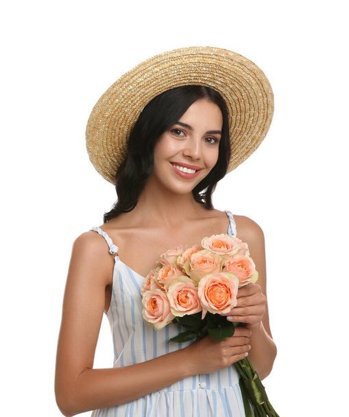 Portrait of smiling woman with beautiful bouquet on white background - Fotoğraf, Görsel