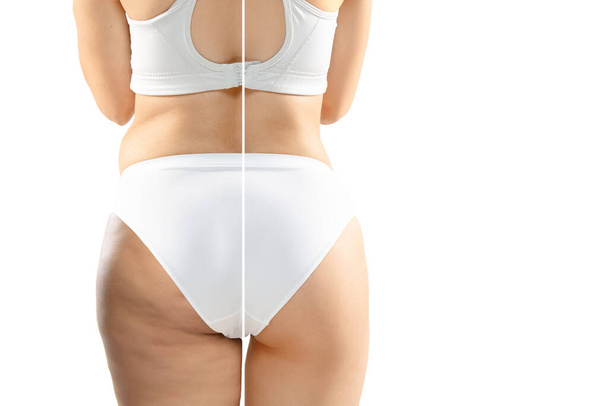 Overweight woman with fat cellulite legs and buttocks, obesity female body in white underwear comparing with fit and thin body isolated on white background - Photo, image