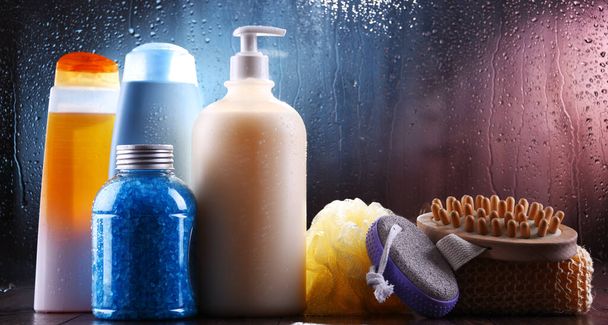 Different containers of body care products in the bathroom. - Photo, Image