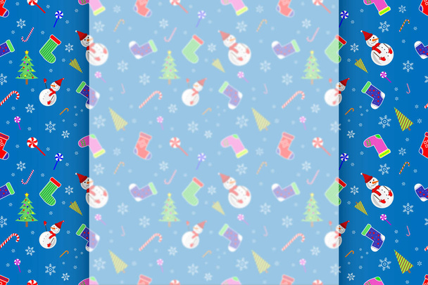 Kerst en Nieuwjaar achtergrond voor inscripties, tekst. Feestelijke verschillende kerstsokken en snoepjes, snoepjes en lolly 's, bomen, sneeuwpoppen en sneeuwvlokken, veelkleurige nieuwjaarsdecoraties - Foto, afbeelding