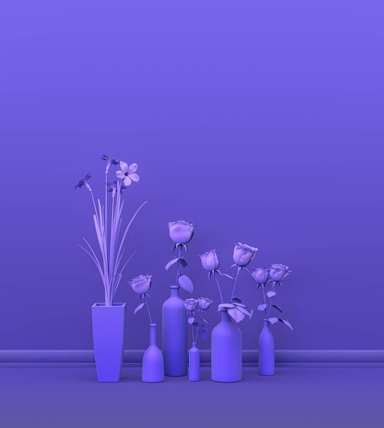 πολλαπλά φυτά μπροστά από έναν συμπαγή τοίχο χρώμα στο βιολετί δωμάτιο για αντίγραφο χώρο και φόντο πλαίσιο εικόνας. 3D rendering, άδειο δωμάτιο με γλάστρες και λουλούδια - Φωτογραφία, εικόνα