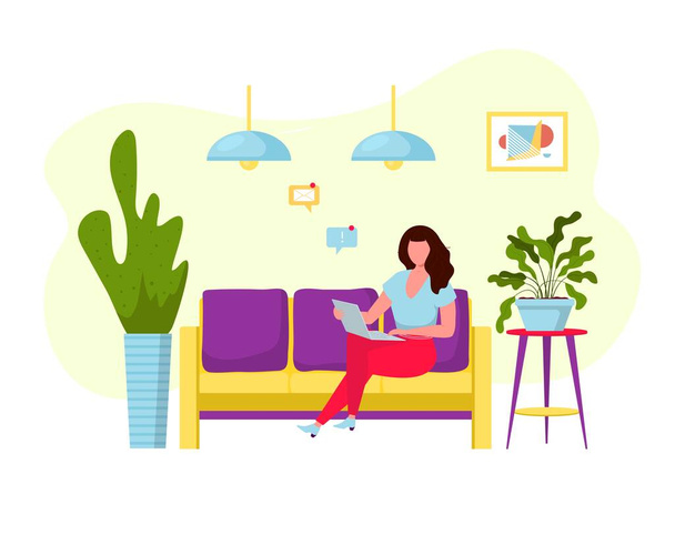 Freelancer woman with computer on the couch. Young girl working on laptop at home. Cozy workplace with green potted houseplants. Remote job. Flat style vector illustration isolated on white. - Vector, Image