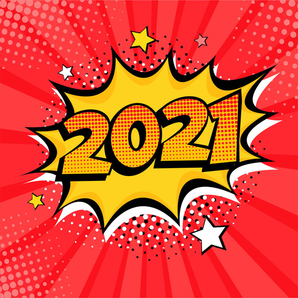 2021 Año Nuevo cómic estilo postal o tarjeta de felicitación elemento. Ilustración en estilo retro cómic de arte pop. - Vector, imagen