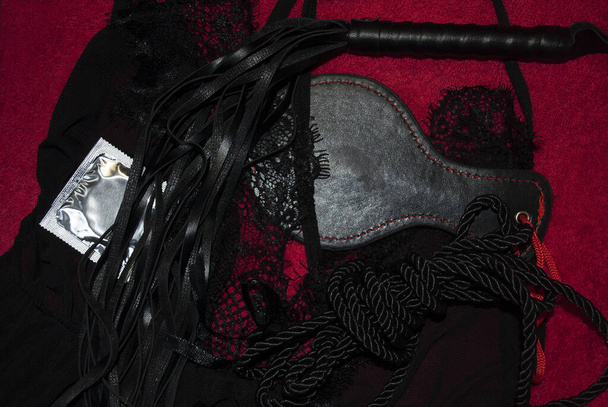 The concept of love and intimate relationships. Beautiful lace panties, selective focus. Black lace. - Photo, Image