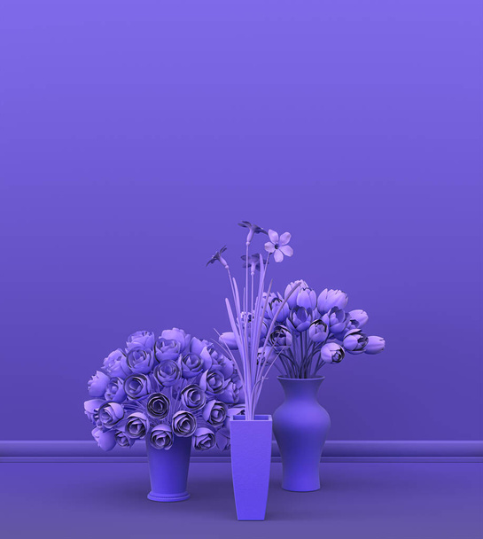 multiple plants front of a solid color wall in violet room for copy space and picture frame backgrounds. 3D rendering, empty room with pots and flowers - Photo, Image
