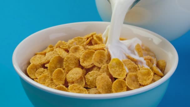 Latte versato in ciotola di corn flakes con spruzzi al rallentatore, sana colazione a base di cereali su fondo blu - Filmati, video