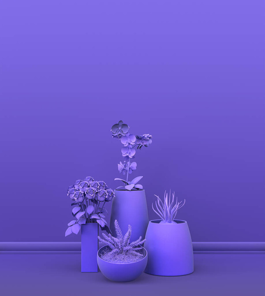 Interior room in plain monochrome violet color with group of decorative house plants, for copy space and poster frame backgrounds. 3D rendering, empty room with pots and flowers - Photo, Image