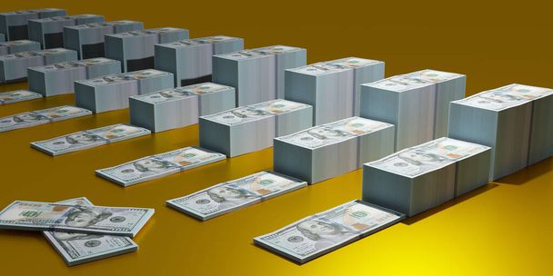 銀行預金の概念。金の背景にドルのバンドルの形で利益成長。3Dイラスト - 写真・画像