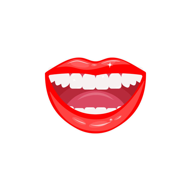 Ανοιχτό χαμογελαστό γυναικείο στόμα με υγιή λευκά δόντια. Κοντινό πλάνο κόκκινων λαμπερών αισθησιακών χειλιών. Οδοντιατρική περίθαλψη. Μακιγιάζ χειλιών. Εικονογράφηση διανύσματος που απομονώνεται σε λευκό φόντο - Διάνυσμα, εικόνα